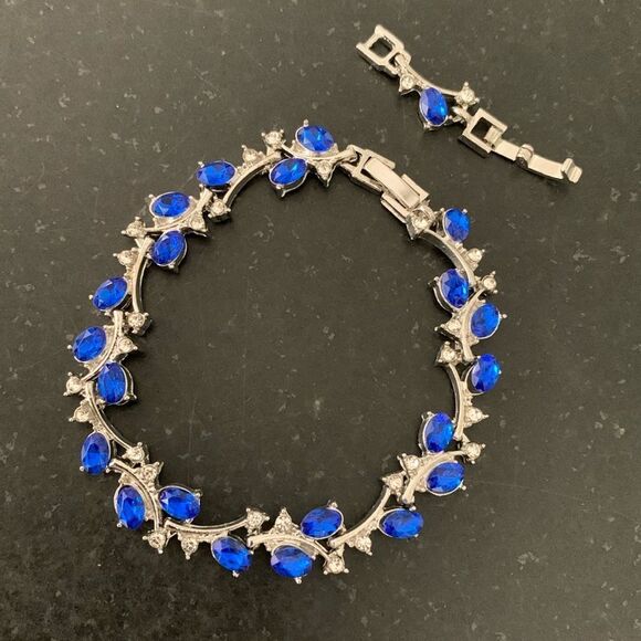 Something Blue Vine & Leaf Bridal Bracelet with CZ Crystals in Silver Tone Metal - Picture 4 of 8